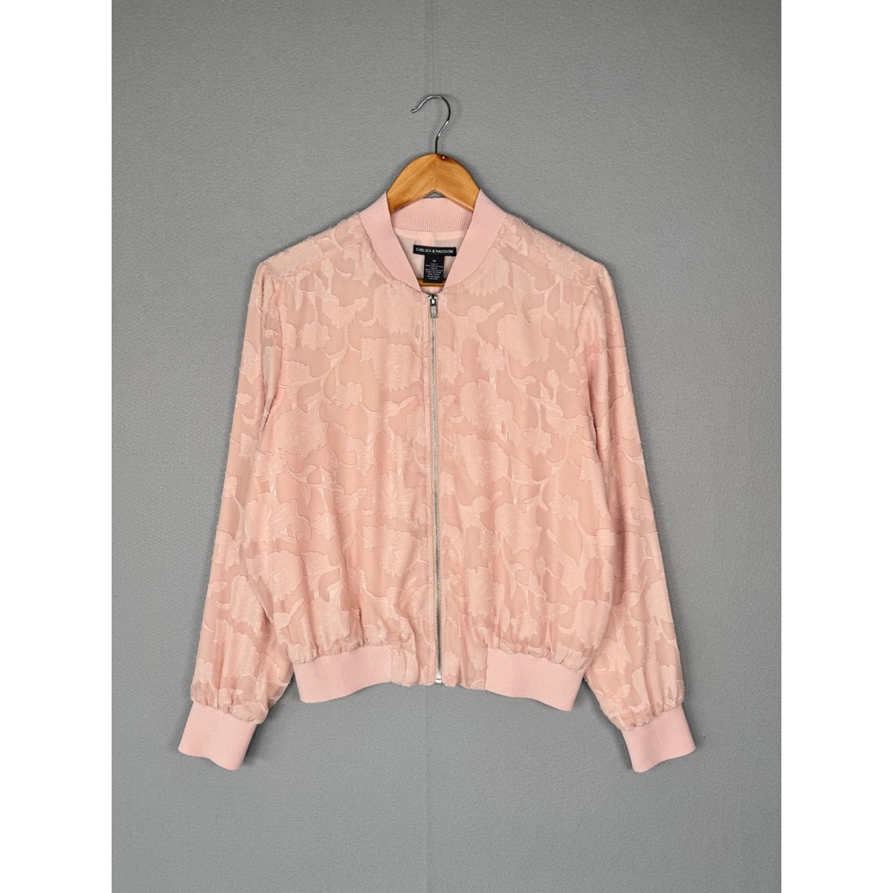 Chelsea & Theodore Floral Chiffon Bomber Jacket Blush Pink M Feminine Casual
